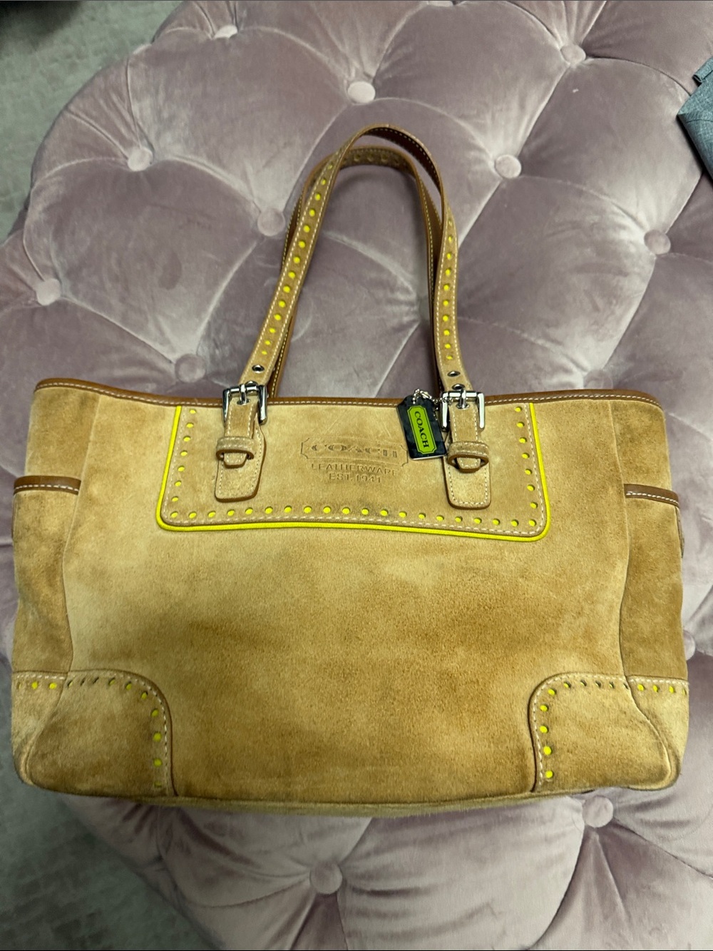 Coach Suede Tote in Tan with Yellow Accents